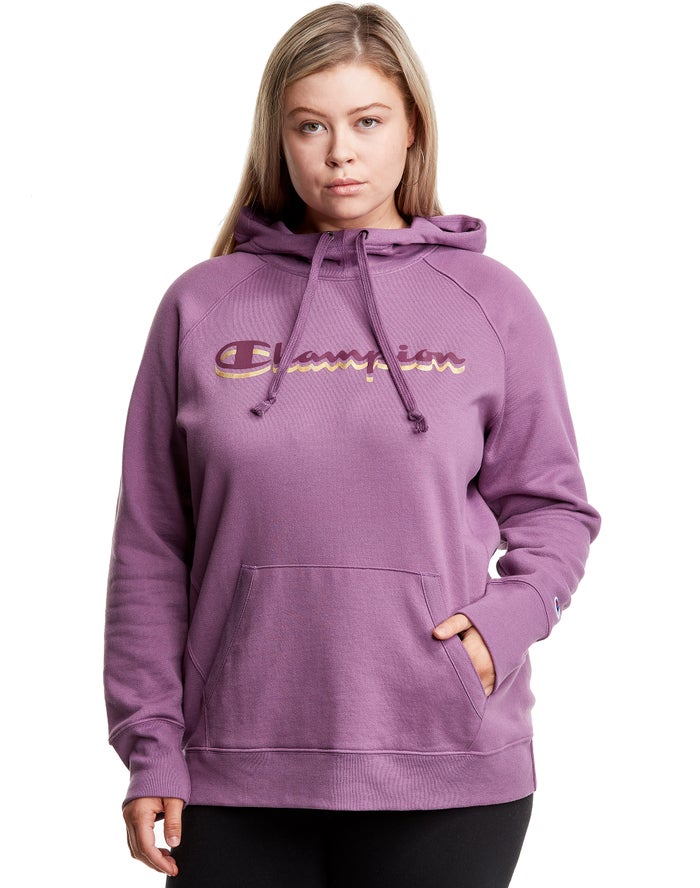 Champion Dame Hættetrøje Lyserød - Plus Powerblend Fleece Drop Shadow Foil Script Logo - Danmark KBS